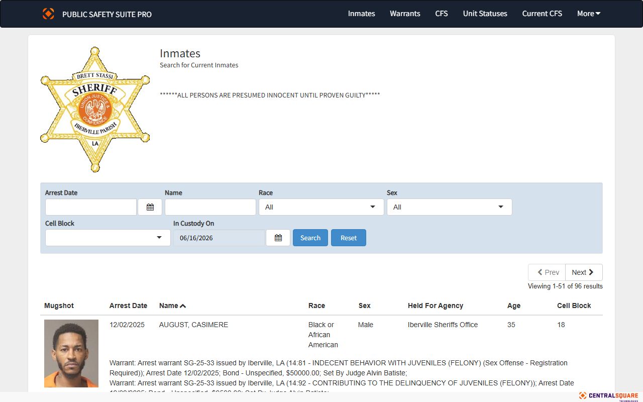 Iberville Parish jail mugshots current roster booking photo search interface
